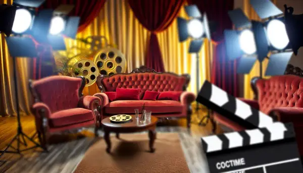 Ambiance de rêve pour une décoration thème cinéma à faire soi-même : fauteuils velours rouge, bobines de film, spots et claquette.