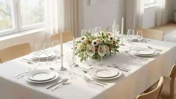 Une belle table est prête à recevoir : assiettes, verres, couverts et un centre de table floral. On sent l'envie de mettre la table pour un repas convivial.