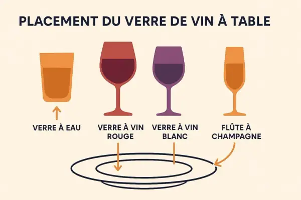 Placement des verres à table : verre à eau, verre à vin rouge, verre à vin blanc, flûte à champagne. Le verre à vin se place à droite ou à gauche selon le type.