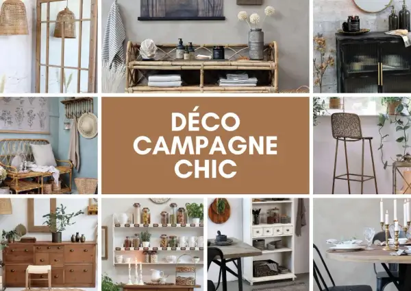 Ambiance campagne chic : rotin, bois brut, bocaux en verre, et touches végétales pour un intérieur chaleureux et élégant.