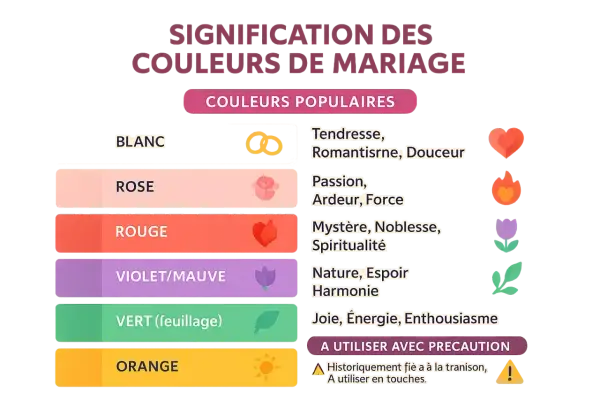 Signification des couleurs de mariage : blanc (tendresse), rose (passion), rouge (mystère), violet (nature), vert (joie), orange (prudence).
