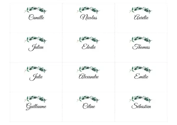 Marque-prenom pour table : Camille, Nicolas, Aurélie, Julien, Elodie, Thomas, Julie, Alexandre, Emilie, Guillaume, Céline, Sébastien.