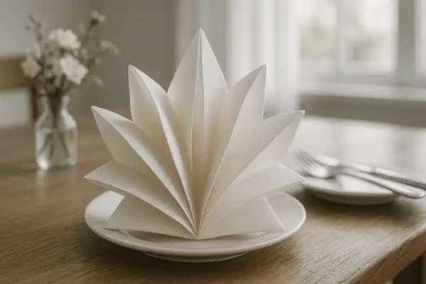 Un élégant modèle de pliage de serviette en papier, en forme d'étoile, sur une assiette blanche. Une touche de raffinement pour votre table.
