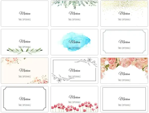 Diverses cartes de mariage avec le nom "Marion" et "Table (Optionnel)". Une belle idée marque place pour tous les styles.
