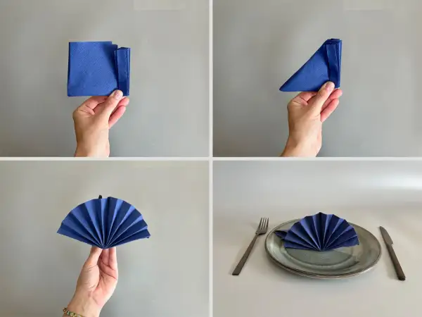 Étapes pour un pliage serviette éventail : une main tient une serviette bleue pliée, puis en triangle, puis ouverte en éventail, prête pour la table.