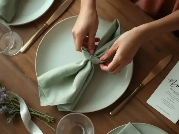 Mains créant un pliage serviette simple et beau, vert pâle, sur une assiette blanche. Une table dressée pour un repas élégant.