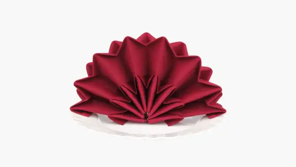 Pliage serviette tissu noël en forme d'étoile, rouge profond, sur une assiette blanche. Une touche festive pour votre table.
