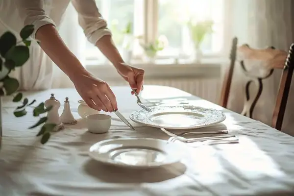 Mains ajustant la position des couverts à la fin du repas, sur une table dressée avec soin.