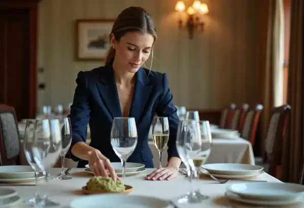 Une femme prépare une table, plaçant une petite coupelle verte. La différence entre verre et cristal est subtile, mais la qualité se voit.