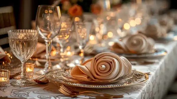 Un élégant noeud serviette mariage en forme de rose sur une assiette dorée, entouré de verres scintillants et de bougies.