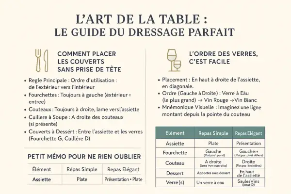 Guide pour dresser la table : couteaux à droite, fourchettes à gauche. L'ordre des verres, c'est facile, pas de pain à gauche ou à droite.
