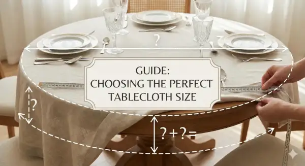 Guide pour choisir la nappe parfaite. Mesure du tissu pour une table ronde, utile pour savoir combien de mètre de nappe pour 50 personnes.