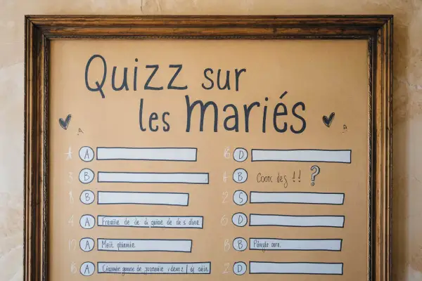 Un jeu mariage questions invités pour tester les connaissances sur les mariés. Le quiz est écrit à la main sur un fond brun.