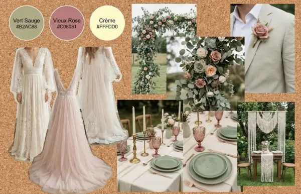 Inspiration déco mariage bohème à faire soi-même : robes fluides, arche florale, table dressée, macramé. Palette douce : vert sauge, vieux rose, crème.